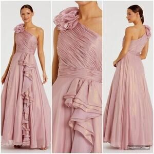 NWT Mac Duggal 49252 Satin Pink Gold One Shoulder Rosette Ruffle Maxi Dress‎ 16